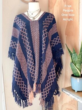 Free People Navy and Tan Geometric Fringe Poncho